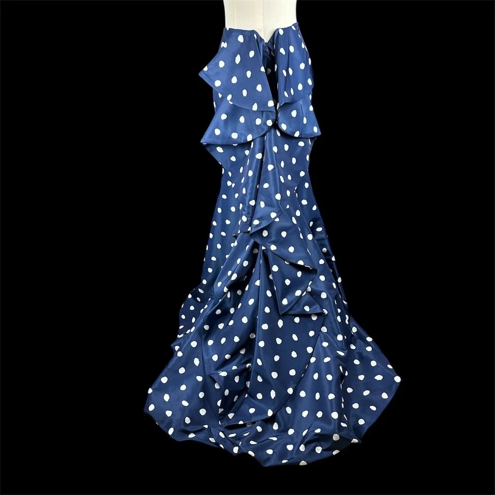 Sherri Hill Navy White Polka Dot Mermaid Skirt Ruffle‎ Bustle Back Maxi Size 0